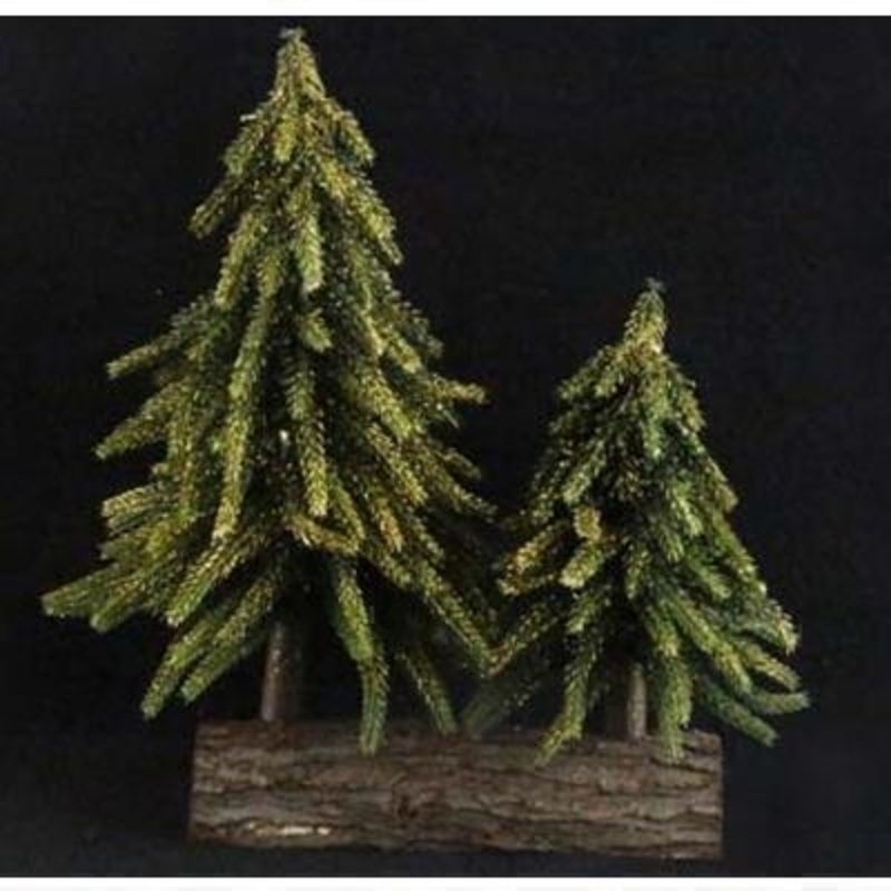 Miniature Christmas trees decoration that could be used to decorate your workplace desk as a festive mini table centrepiece and anywhere else you want to bring a festive feel to. Made from realistic artificial fir and dusted with gold glitter it comes freestanding on a log shaped base. Approx size 27x26x16cm